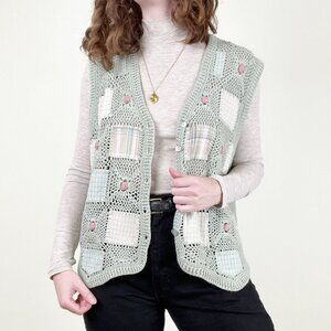 Vintage Crochet Knit Quilted Patchwork Oversized Vest Grannycore Grandmacore Y2K
